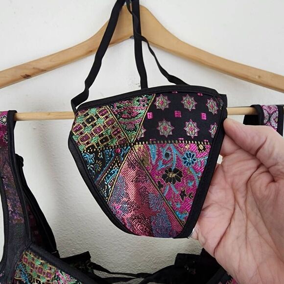 Women's Multicolor Two-Piece Lace Up Push-Up Tank Corset Bustier Size Large - Picture 7 of 10